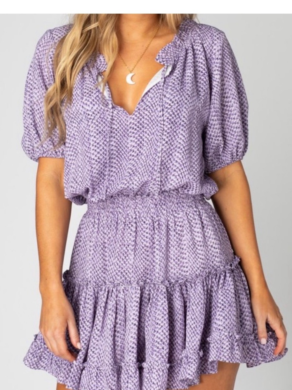BuddyLove Ray Mini Dress Large Purple Snake Print Puff Sleeve Ruffle Boho